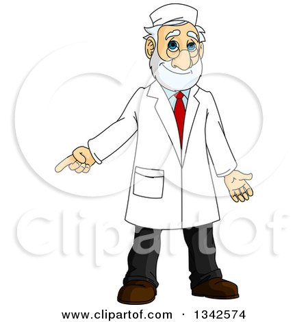 Clipart of a Cartoon Senior White Male Doctor Pointing to the Side - Royalty Free Vector Illustration by Vector Tradition SM