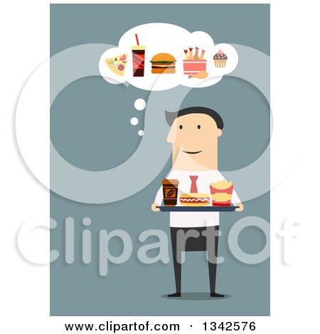 Clipart of a Flat Design White Businessman Carrying a Tray of Food and Thinking of Other Cravings, over Blue - Royalty Free Vector Illustration by Vector Tradition SM