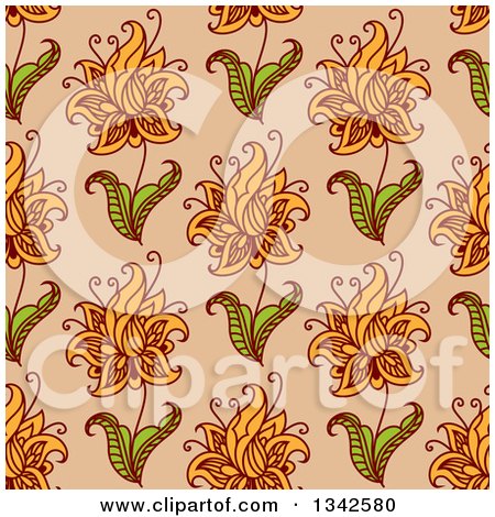 Clipart of a Seamless Background Design of Orange Lily Flowers over Beige - Royalty Free Vector Illustration by Vector Tradition SM