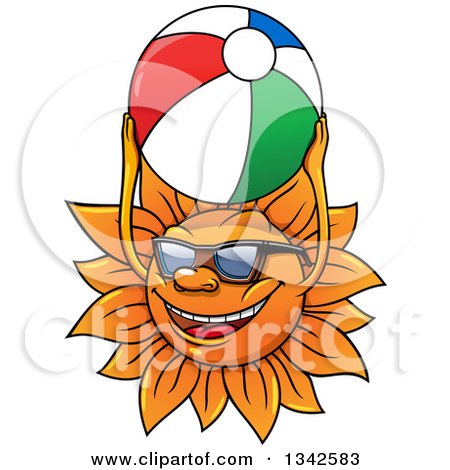 Clipart of a Cartoon Happy Sun Character Playing with a Beach Ball - Royalty Free Vector Illustration by Vector Tradition SM