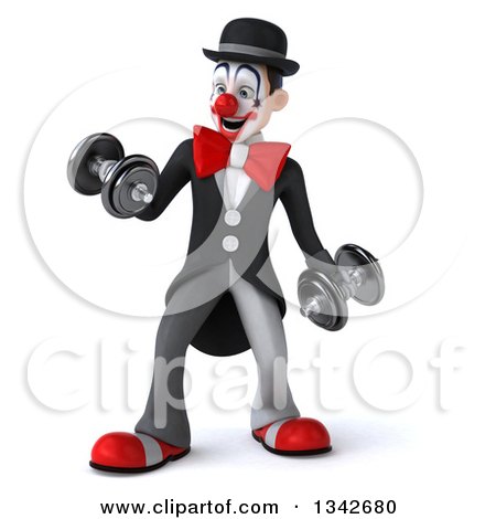 Clipart of a 3d White and Black Clown Working Out, Doing Bicep Curls with Dumbbells - Royalty Free Illustration by Julos