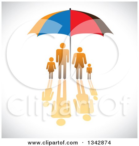Clipart of a Gradient Orange Family with a Reflection, Sheltered Under an Umbrella over Shading - Royalty Free Vector Illustration by ColorMagic
