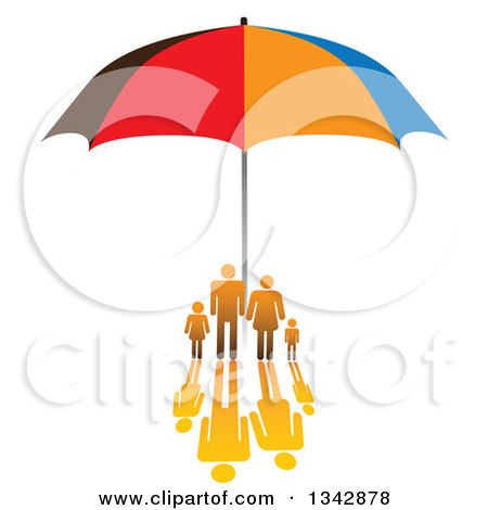 Clipart of a Gradient Orange Family with a Reflection, Sheltered Under an Umbrella - Royalty Free Vector Illustration by ColorMagic