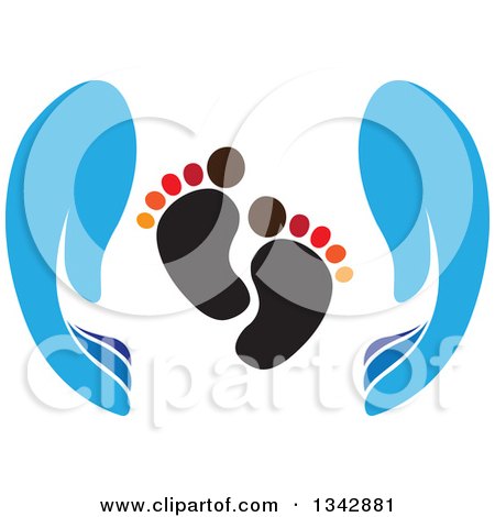 Clipart of Blue Parent Hands Around Baby Foot Prints - Royalty Free Vector Illustration by ColorMagic