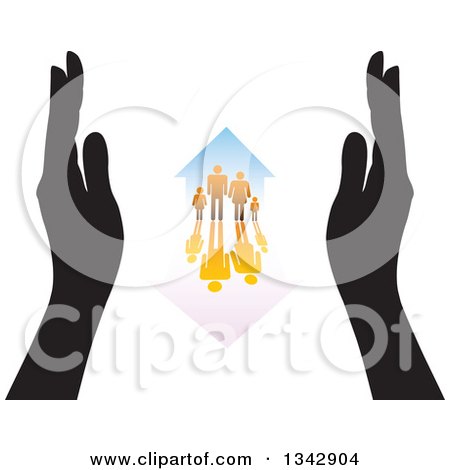 Clipart of a Pair of Black Hands Framing a Gradient Orange Family and Home with a Reflection - Royalty Free Vector Illustration by ColorMagic