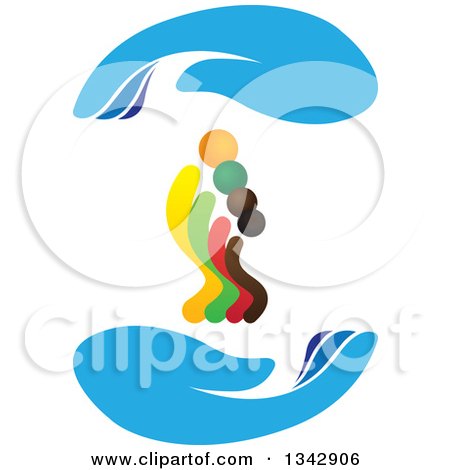 Clipart of a Colorful Family Between Blue Protective Hands - Royalty Free Vector Illustration by ColorMagic