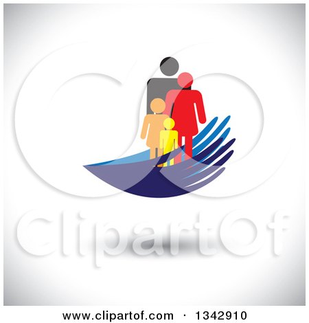 Clipart of a Colorful Family of Four in Blue Hands over Shading - Royalty Free Vector Illustration by ColorMagic