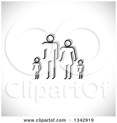 Clipart of a Simple Black and White Family of Four over Shading - Royalty Free Vector Illustration by ColorMagic