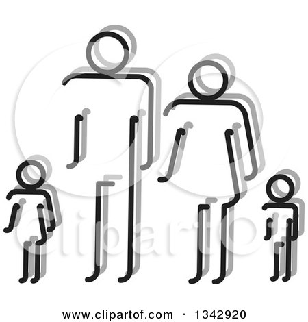 Clipart of a Simple Black and White Family of Four with a Shadow - Royalty Free Vector Illustration by ColorMagic
