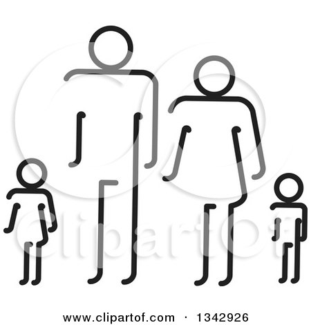 Clipart of a Simple Black and White Family of Four - Royalty Free Vector Illustration by ColorMagic