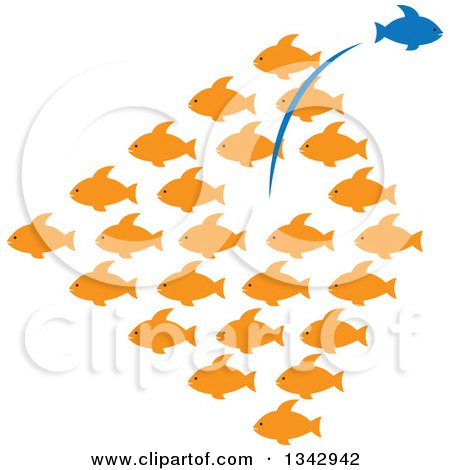 Clipart of a Group of Orange Fish with a Blue One Leaping out in the Opposite Direction - Royalty Free Vector Illustration by ColorMagic