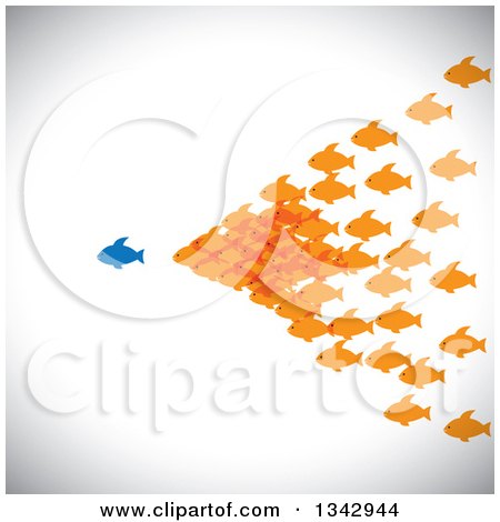 Clipart of a Group of Orange Fish Following a Blue Fish, over Shading - Royalty Free Vector Illustration by ColorMagic