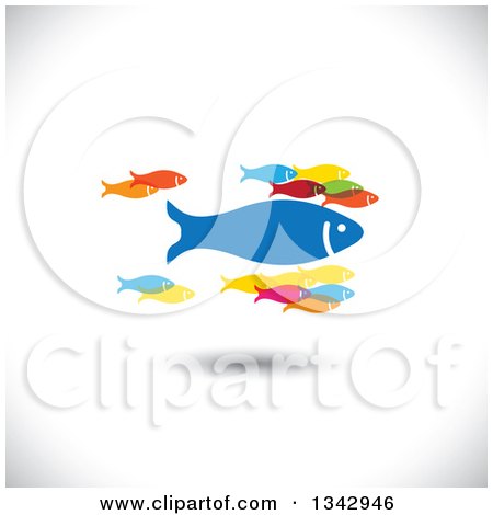 Clipart of a Group of Colorful Schooling Fish with One Large Leader, over Shading - Royalty Free Vector Illustration by ColorMagic