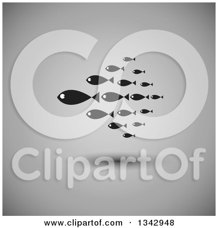 Clipart of a Group of Black Schooling Fish over Gray Shading - Royalty Free Vector Illustration by ColorMagic