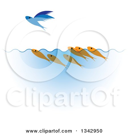 Clipart of Swimming Gold Fish Watching a Flying Blue Fish - Royalty Free Vector Illustration by ColorMagic