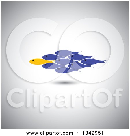Clipart of a Yellow Fish Leading a Group of Blue Fish, over Shading - Royalty Free Vector Illustration by ColorMagic