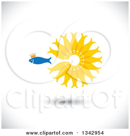 Clipart of a Crowned Blue Fish Swimming Away from a Circle of Gold Fish, over Shading - Royalty Free Vector Illustration by ColorMagic