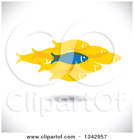 Clipart of a Blue Fish Standing out from a Group of Yellow Fish, over Shading - Royalty Free Vector Illustration by ColorMagic