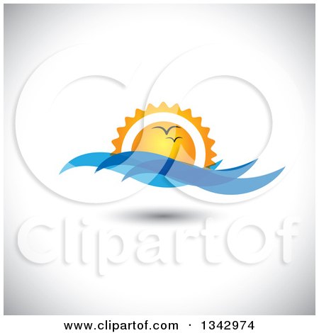Clipart of Seagulls Flying Against an Ocean Sunset with Blue Waves, over Shading - Royalty Free Vector Illustration by ColorMagic