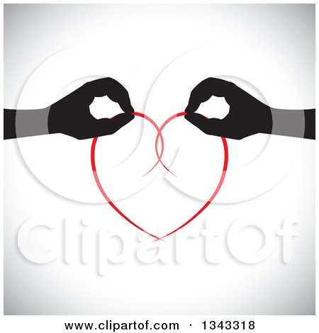 Clipart of Black Silhouetted Feminine Hands Holding Together a Red Heart over Shading - Royalty Free Vector Illustration by ColorMagic