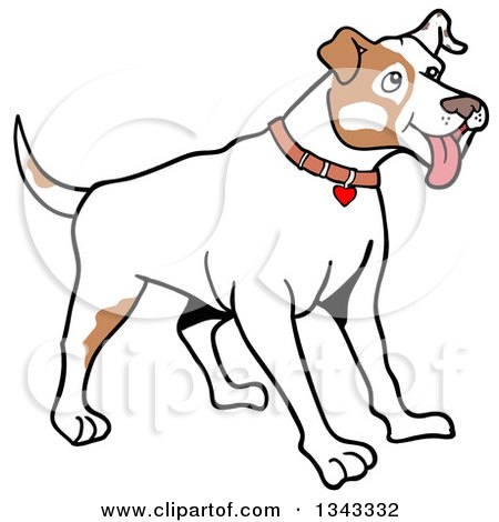 Clipart of a Cartoon White and Tan Pitbull Dog with Patches on His Face, Standing and Panting, Facing Right - Royalty Free Vector Illustration by LaffToon