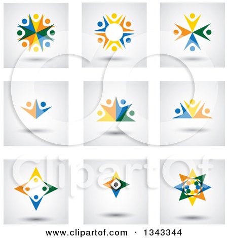Clipart of Teamwork Unity Circles of Colorful People Cheering or Dancing on Shaded Backgrounds - Royalty Free Vector Illustration by ColorMagic