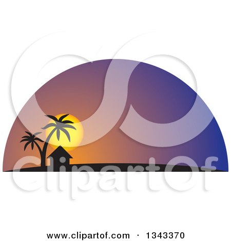 Clipart of a Silhouetted Hut and Palm Trees Against a Tropical Sunset - Royalty Free Vector Illustration by ColorMagic