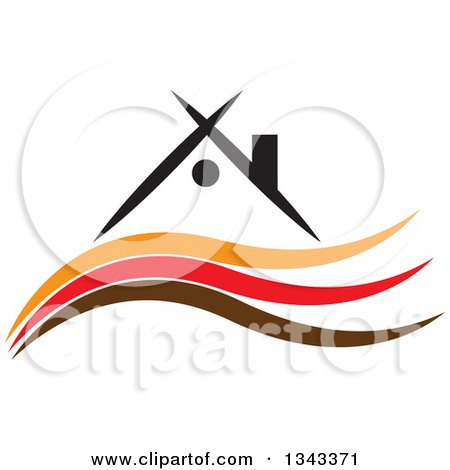 Clipart of a House over Orange Red and Brown Waves - Royalty Free Vector Illustration by ColorMagic