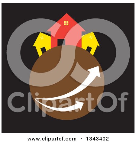 Clipart of Neighboring Homes on a Brown Planet with Arrows, over Black - Royalty Free Vector Illustration by ColorMagic
