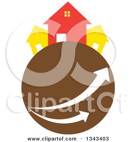 Clipart of Neighboring Homes on a Brown Planet with Arrows - Royalty Free Vector Illustration by ColorMagic