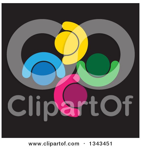 Clipart of a Teamwork Unity Circle of Colorful People Cheering or Dancing over Black - Royalty Free Vector Illustration by ColorMagic