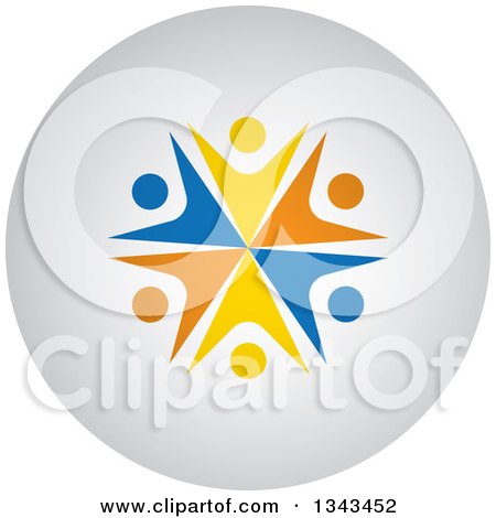 Clipart of a Teamwork Unity Group of Colorful People Cheering or Dancing on a Shaded Circle App Icon Button Design Element 2 - Royalty Free Vector Illustration by ColorMagic