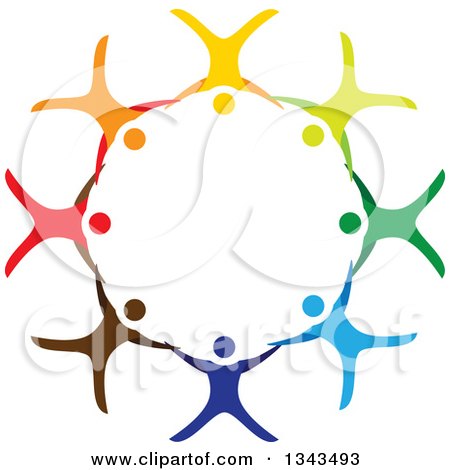 Clipart of a Teamwork Unity Circle of Colorful People Cheering, Dancing or Free Falling and Holding Hands While Sky Diving - Royalty Free Vector Illustration by ColorMagic
