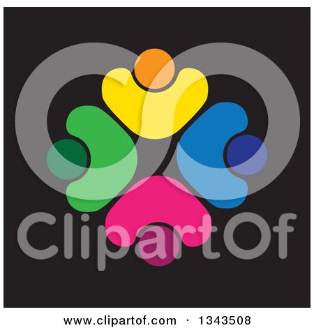 Clipart of a Teamwork Unity Circle of Colorful People Cheering or Dancing over Black 5 - Royalty Free Vector Illustration by ColorMagic
