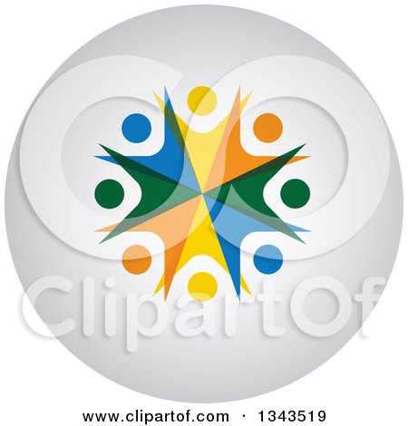 Clipart of a Teamwork Unity Group of Colorful People Cheering or Dancing on a Shaded Circle App Icon Button Design Element - Royalty Free Vector Illustration by ColorMagic