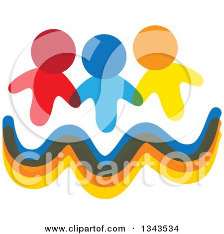 Clipart of a Teamwork Unity Group of Colorful People over Waves - Royalty Free Vector Illustration by ColorMagic