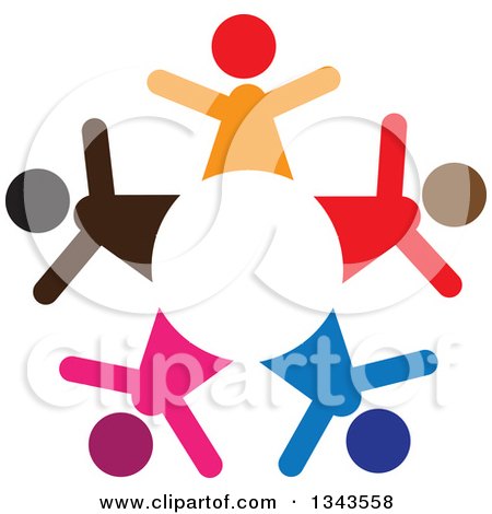 Clipart of a Teamwork Unity Circle of Colorful People Cheering or Dancing - Royalty Free Vector Illustration by ColorMagic