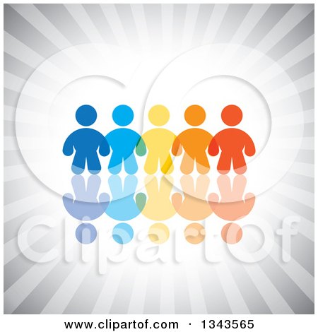 Clipart of a Teamwork Unity Group of Colorful People over Gray Rays - Royalty Free Vector Illustration by ColorMagic