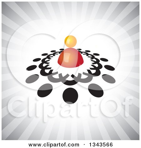 Clipart of a Teamwork Unity Circle of Black People Around an Orange Leader over Gray Rays - Royalty Free Vector Illustration by ColorMagic
