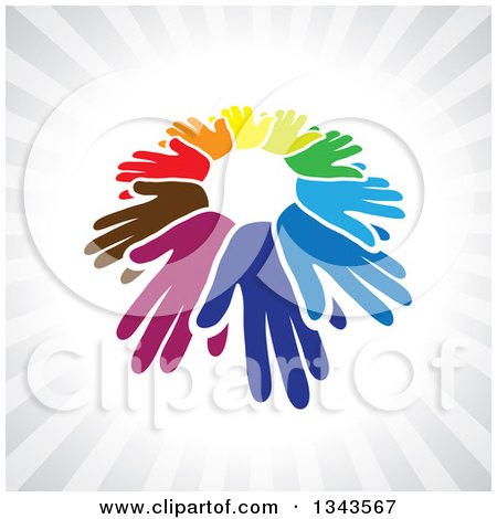 Clipart of a Circle of Colroful Hands Symbolizing Teamwork and Unity, over Gray Rays - Royalty Free Vector Illustration by ColorMagic