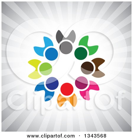 Clipart of a Teamwork Unity Circle of Colorful People over Gray Rays - Royalty Free Vector Illustration by ColorMagic