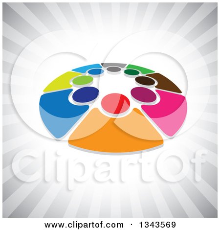 Clipart of a Teamwork Unity Circle of Colorful People over Gray Rays 2 - Royalty Free Vector Illustration by ColorMagic