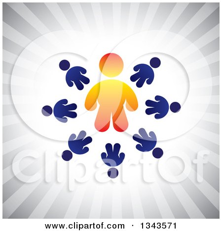 Clipart of a Teamwork Unity Circle of Blue People Around an Orange Leader over Gray Rays - Royalty Free Vector Illustration by ColorMagic