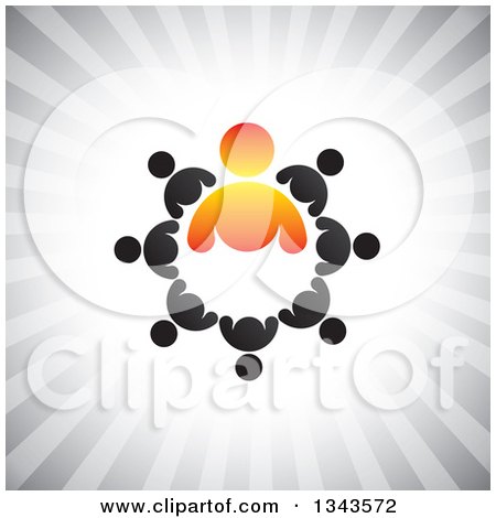 Clipart of a Teamwork Unity Circle of Black People Around an Orange Leader over Gray Rays 2 - Royalty Free Vector Illustration by ColorMagic