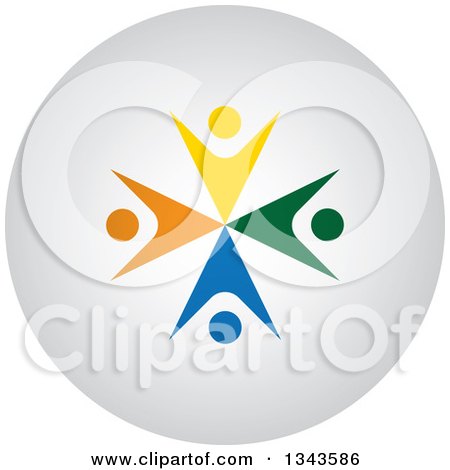Clipart of a Teamwork Unity Group of Colorful People Cheering or Dancing on a Shaded Circle App Icon Button Design Element 3 - Royalty Free Vector Illustration by ColorMagic