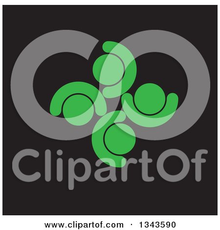 Clipart of a Teamwork Unity Circle of Green People Cheering or Dancing over Black - Royalty Free Vector Illustration by ColorMagic