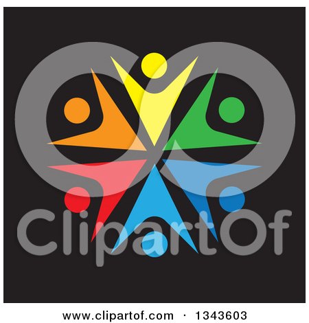 Clipart of a Teamwork Unity Circle of Colorful People Cheering or Dancing over Black 2 - Royalty Free Vector Illustration by ColorMagic