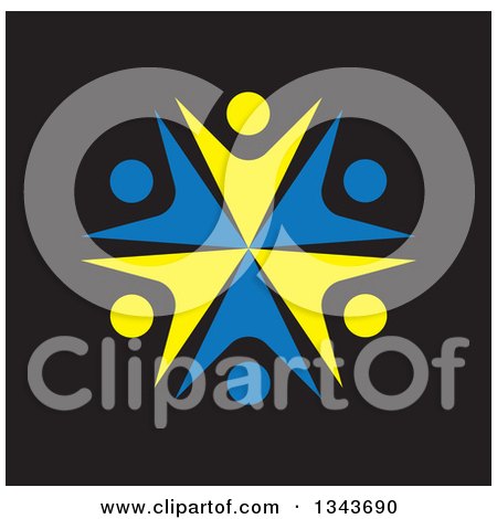 Clipart of a Teamwork Unity Circle of Blue and Yellow People Cheering or Dancing over Black - Royalty Free Vector Illustration by ColorMagic