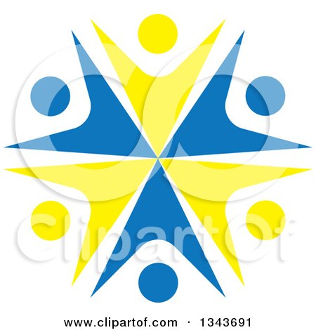 Clipart of a Teamwork Unity Circle of Blue and Yellow People Cheering or Dancing - Royalty Free Vector Illustration by ColorMagic