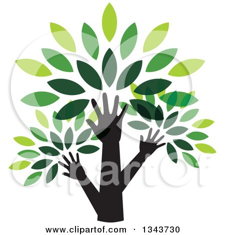 Clipart of Black Silhouetted Hands and Arms Forming the Trunk of a Tree with Green Leaves - Royalty Free Vector Illustration by ColorMagic